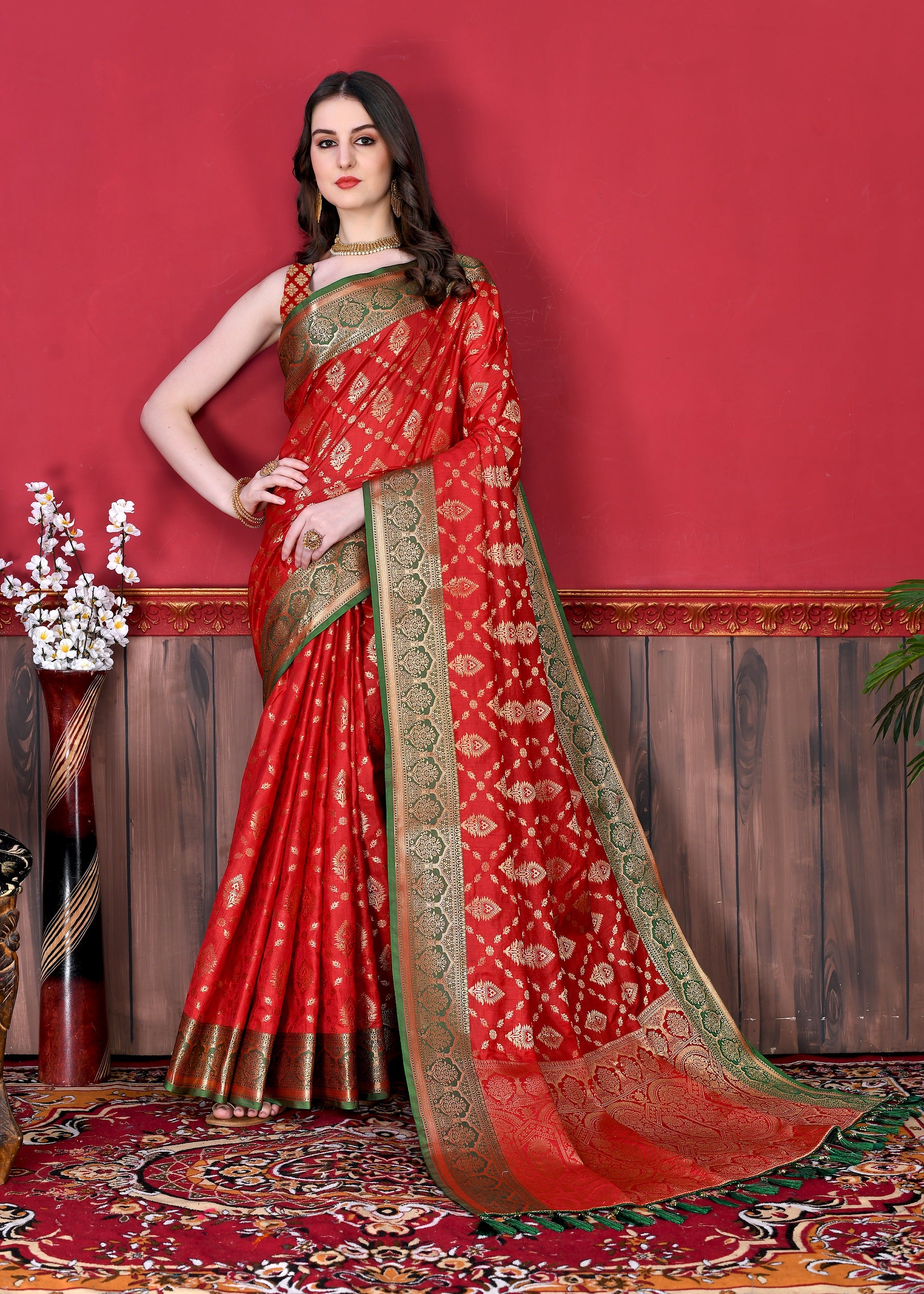 Vedant Vastram Soft Litchi Silk Kanjeevaram Saree - Red - Distacart