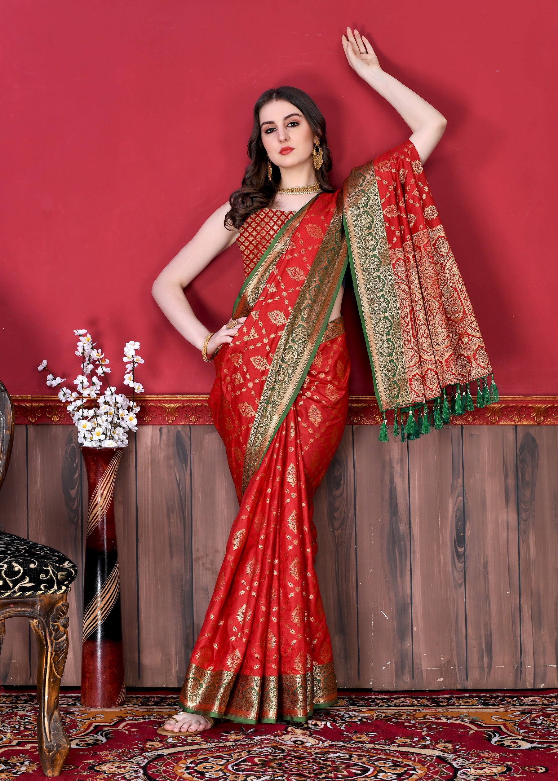 Vedant Vastram Soft Litchi Silk Kanjeevaram Saree - Red - Distacart