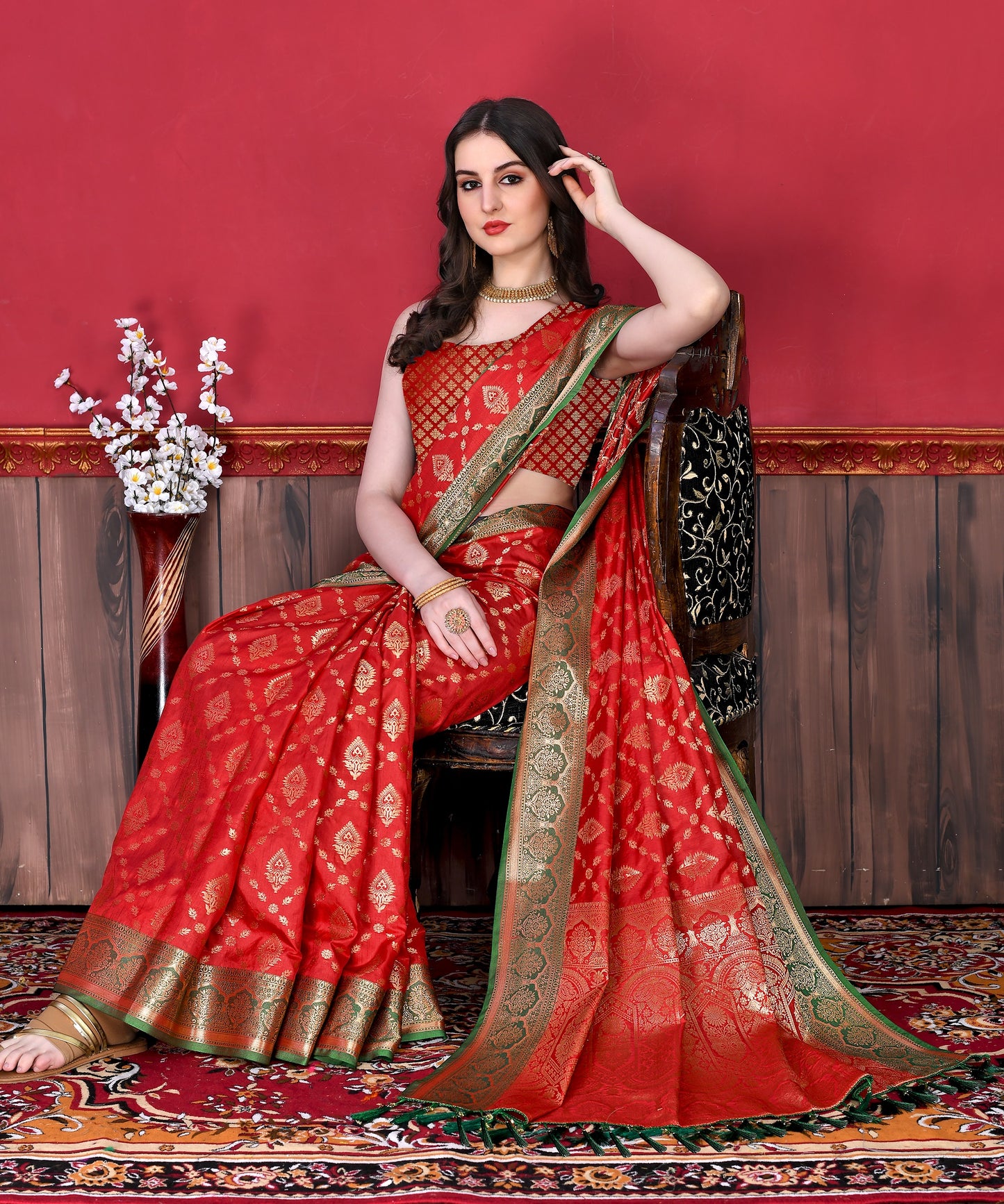 Vedant Vastram Soft Litchi Silk Kanjeevaram Saree - Red - Distacart