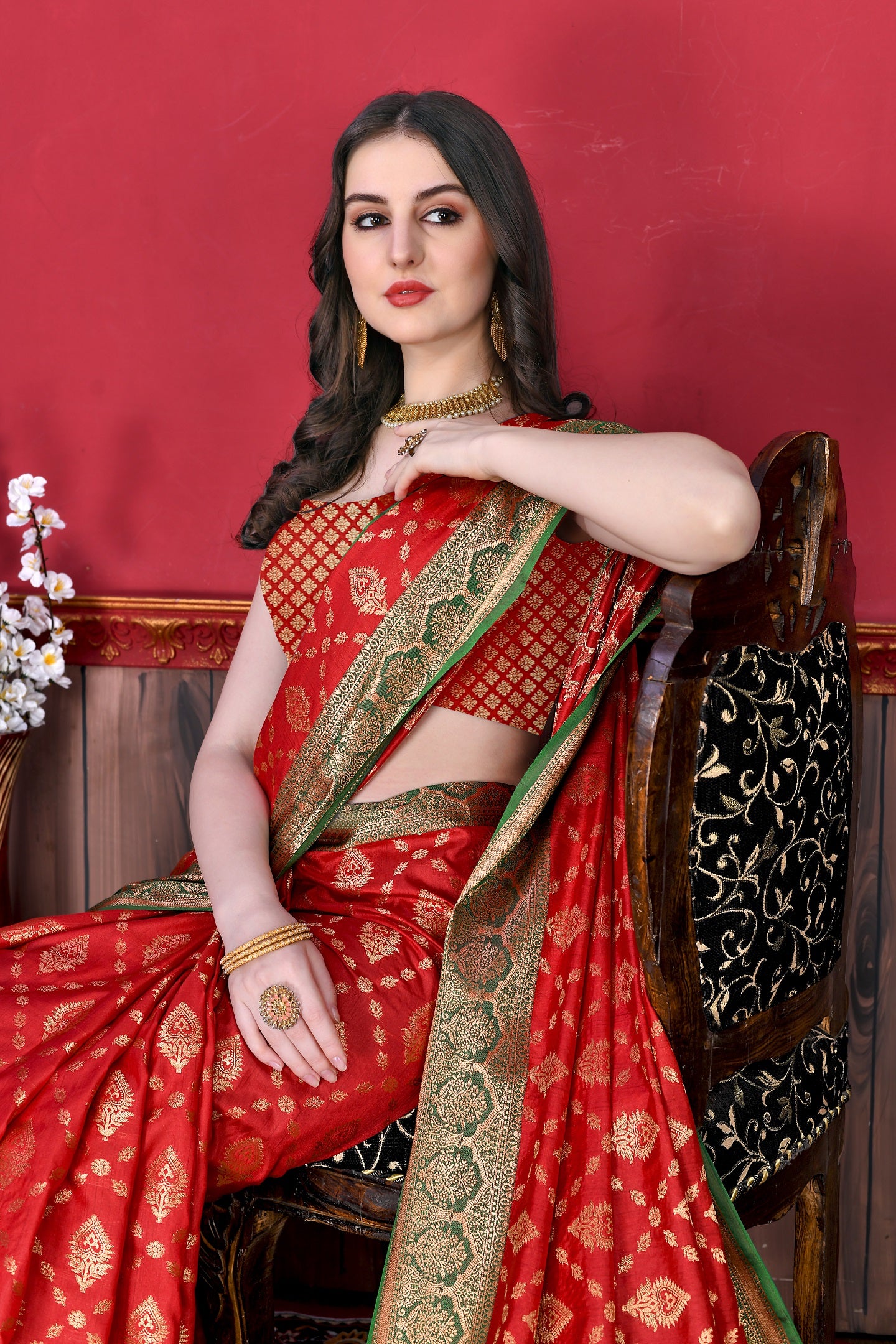 Vedant Vastram Soft Litchi Silk Kanjeevaram Saree - Red - Distacart