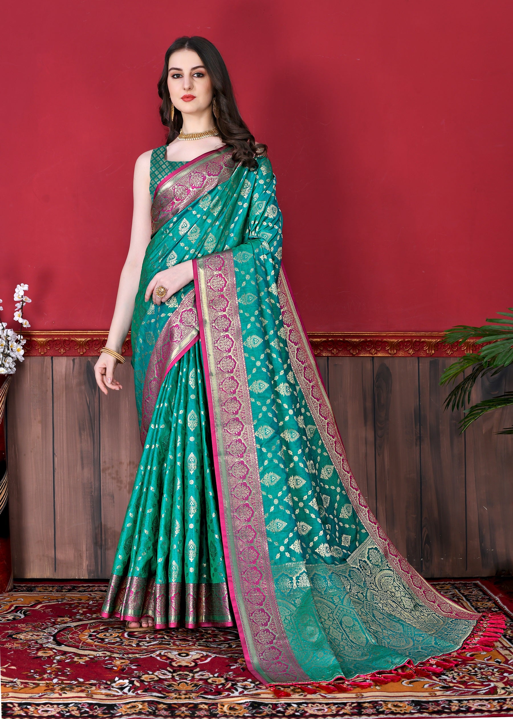 Vedant Vastram Soft Litchi Silk Kanjeevaram Saree - Seegreen - Distacart