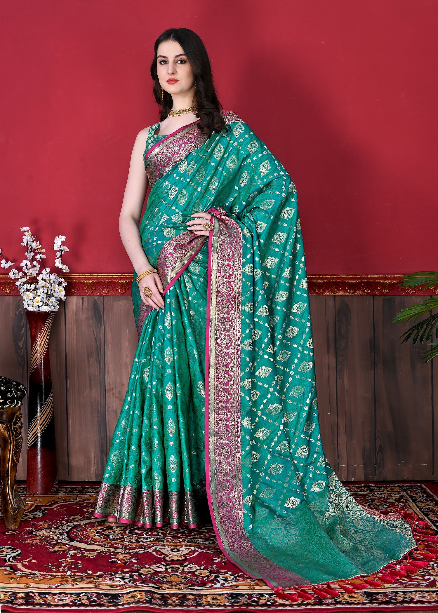 Vedant Vastram Soft Litchi Silk Kanjeevaram Saree - Seegreen - Distacart