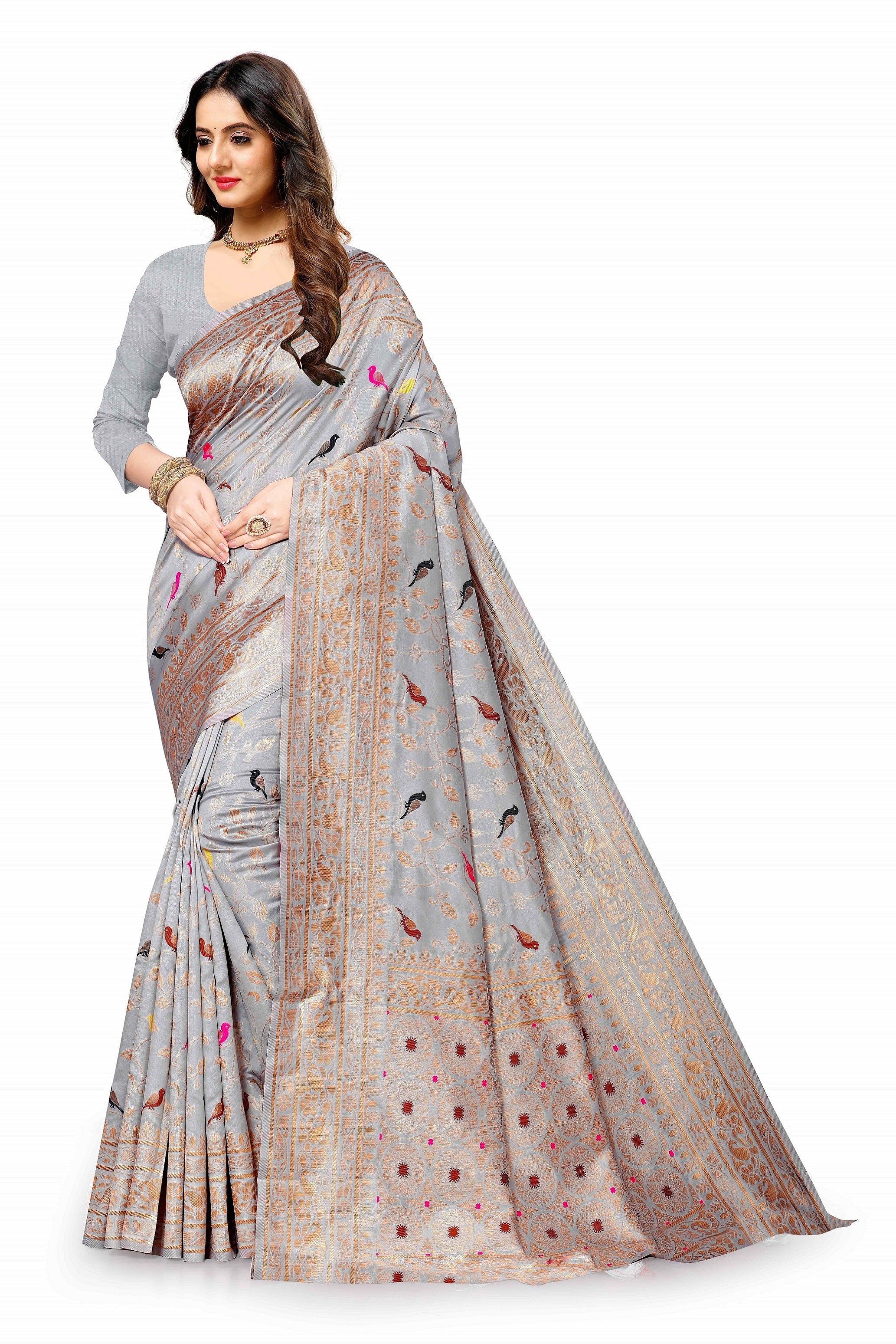 Vedant Vastram Soft Litchi Silk Kanjeevaram Saree - Grey - Distacart