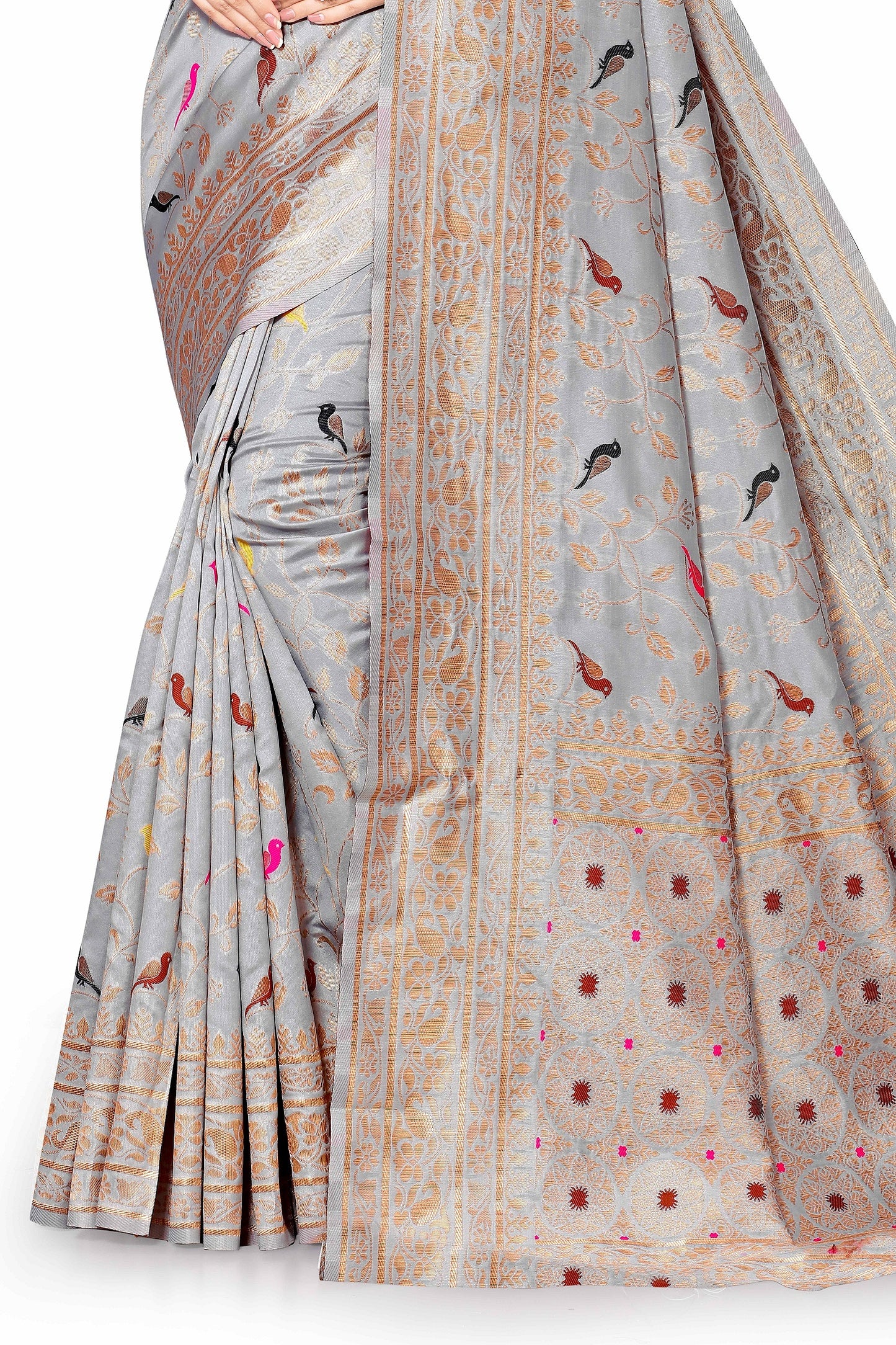 Vedant Vastram Soft Litchi Silk Kanjeevaram Saree - Grey - Distacart
