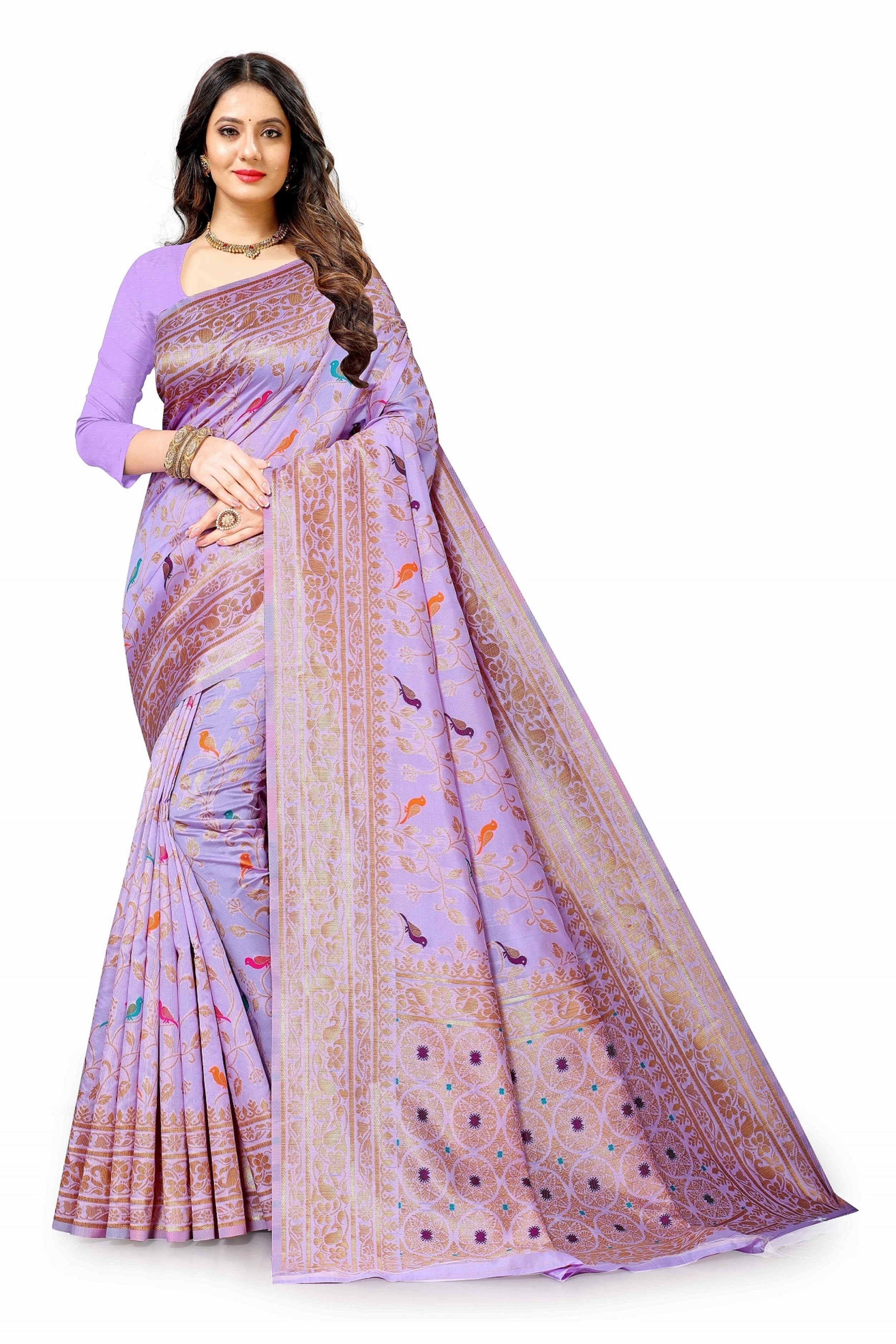 Vedant Vastram Soft Litchi Silk Kanjeevaram Saree - Lavender - Distacart