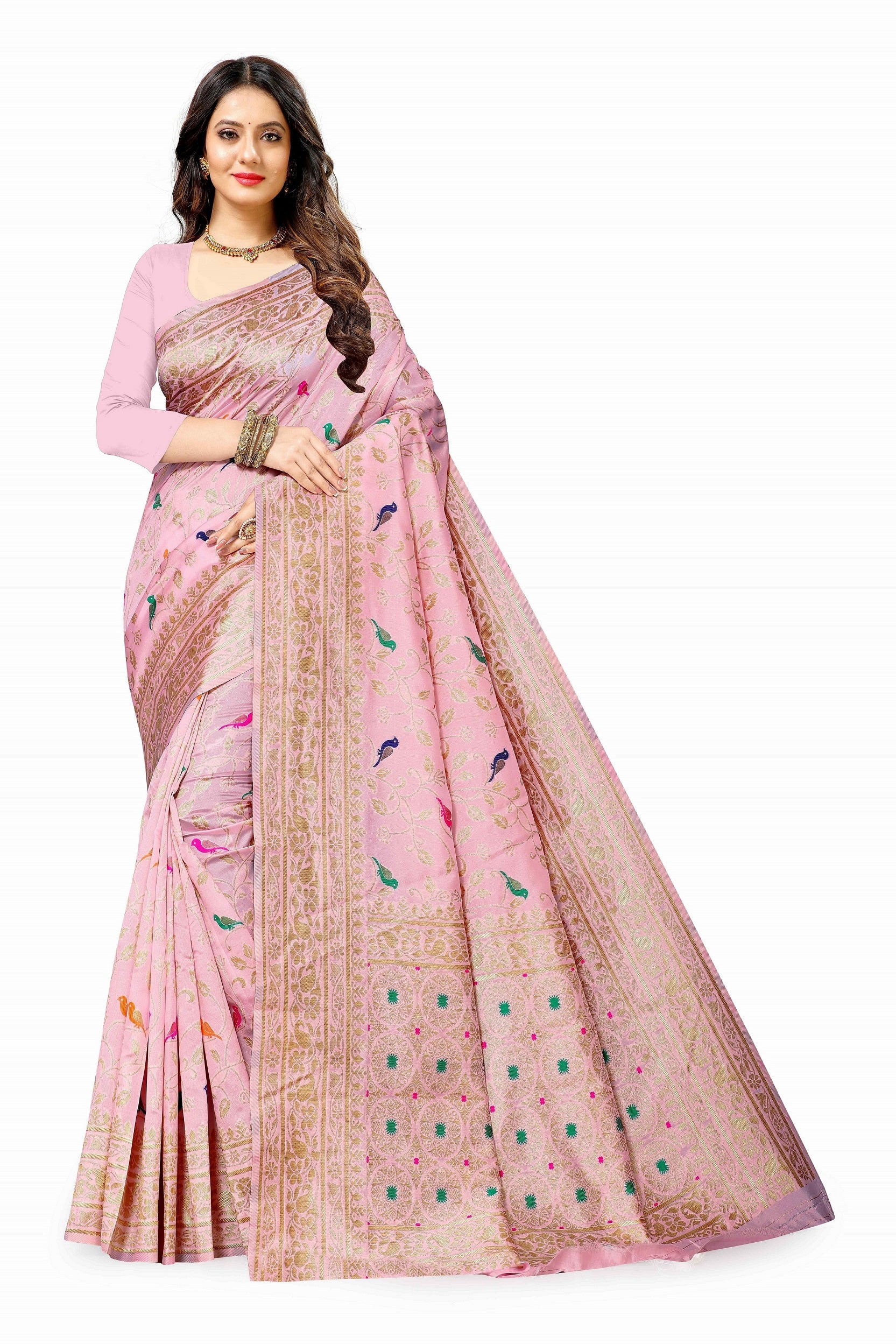 Vedant Vastram Soft Litchi Silk Kanjeevaram Saree - Pink - Distacart