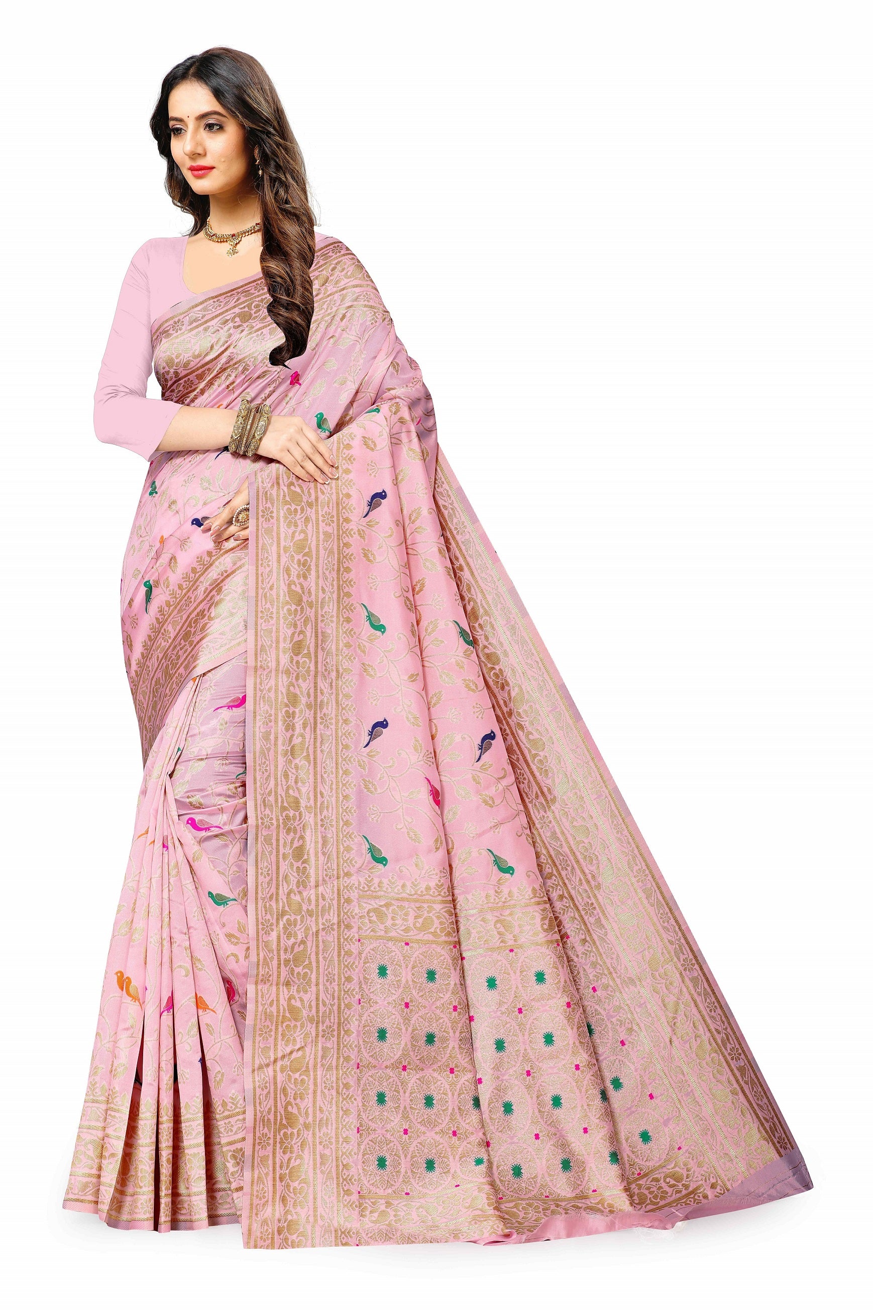 Vedant Vastram Soft Litchi Silk Kanjeevaram Saree - Pink - Distacart