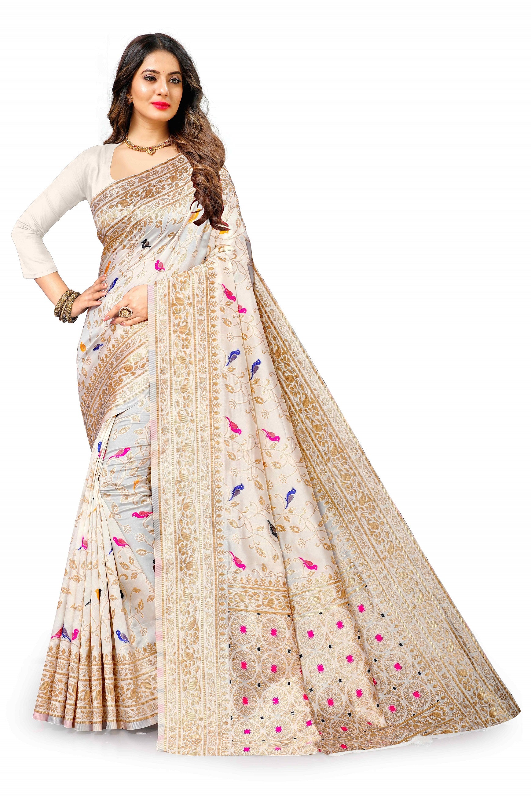Vedant Vastram Soft Litchi Silk Kanjeevaram Saree - White - Distacart
