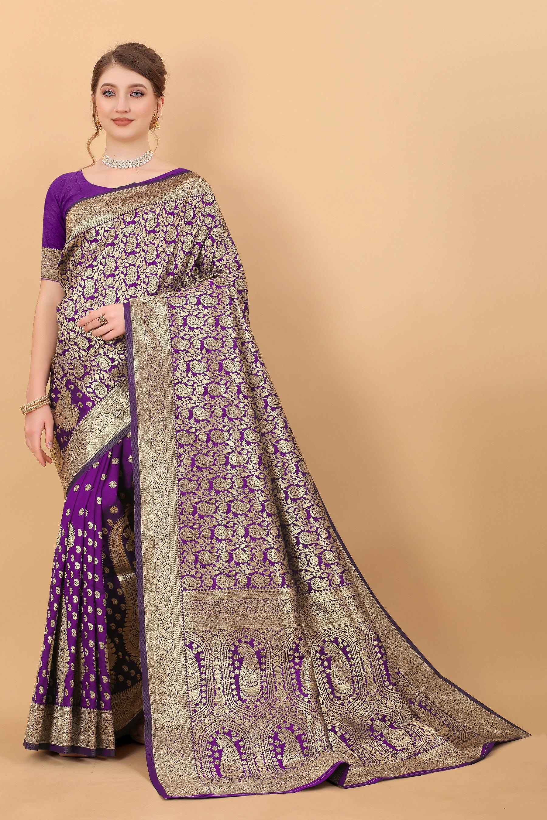 Vedant Vastram Soft Litchi Silk Kanjeevaram Saree - Violet - Distacart