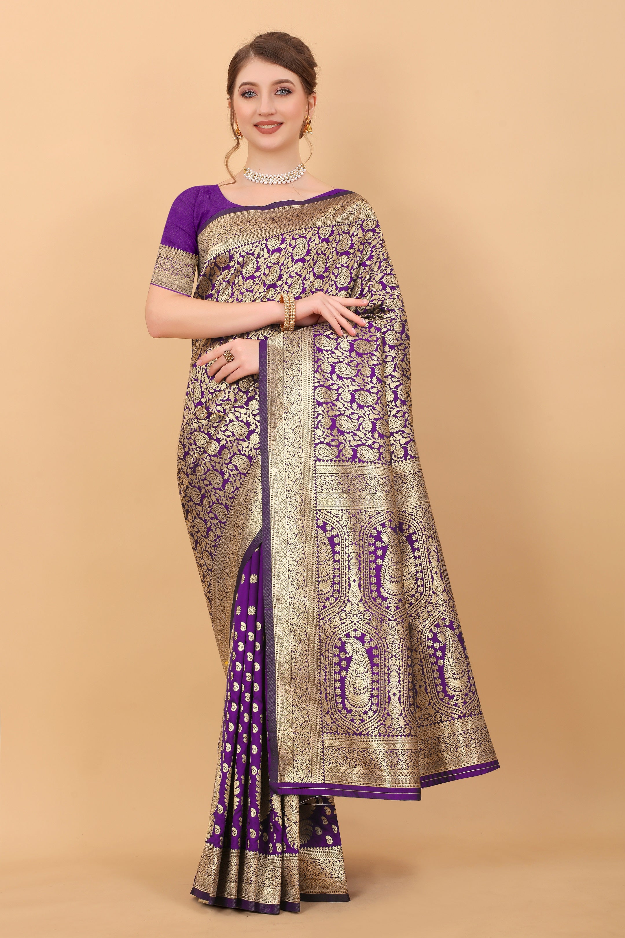 Vedant Vastram Soft Litchi Silk Kanjeevaram Saree - Violet - Distacart