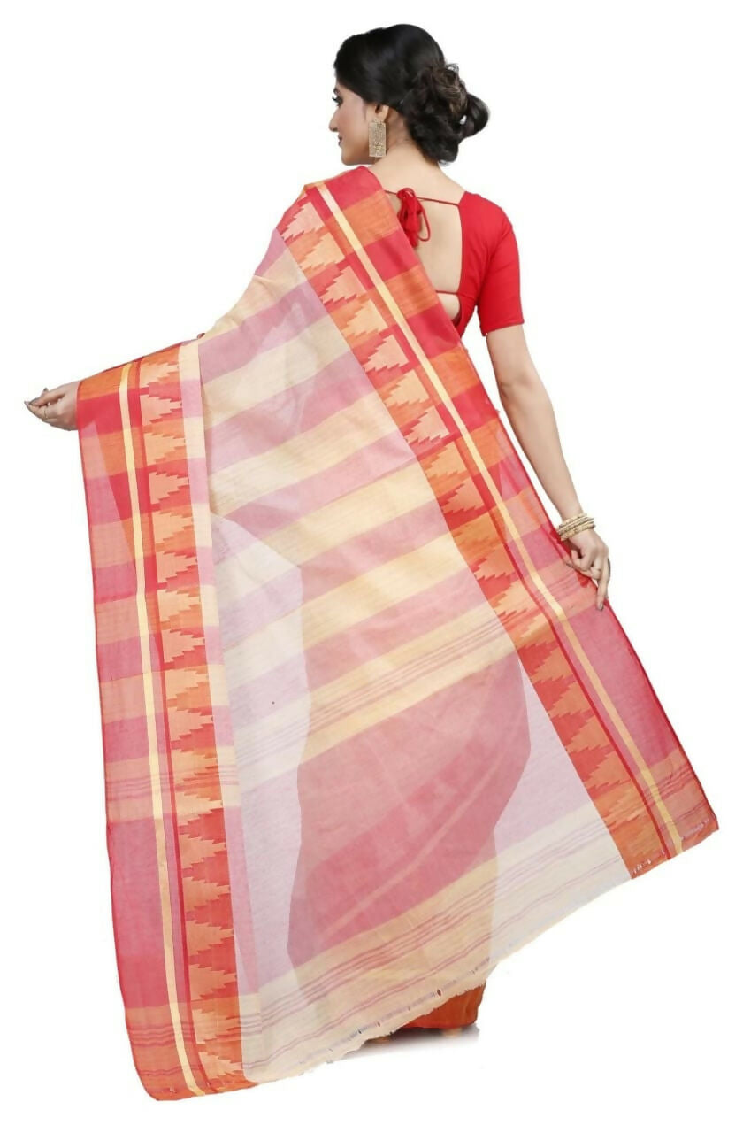Exclusive Collection White Red 100% Pure Cotton Tant Saree