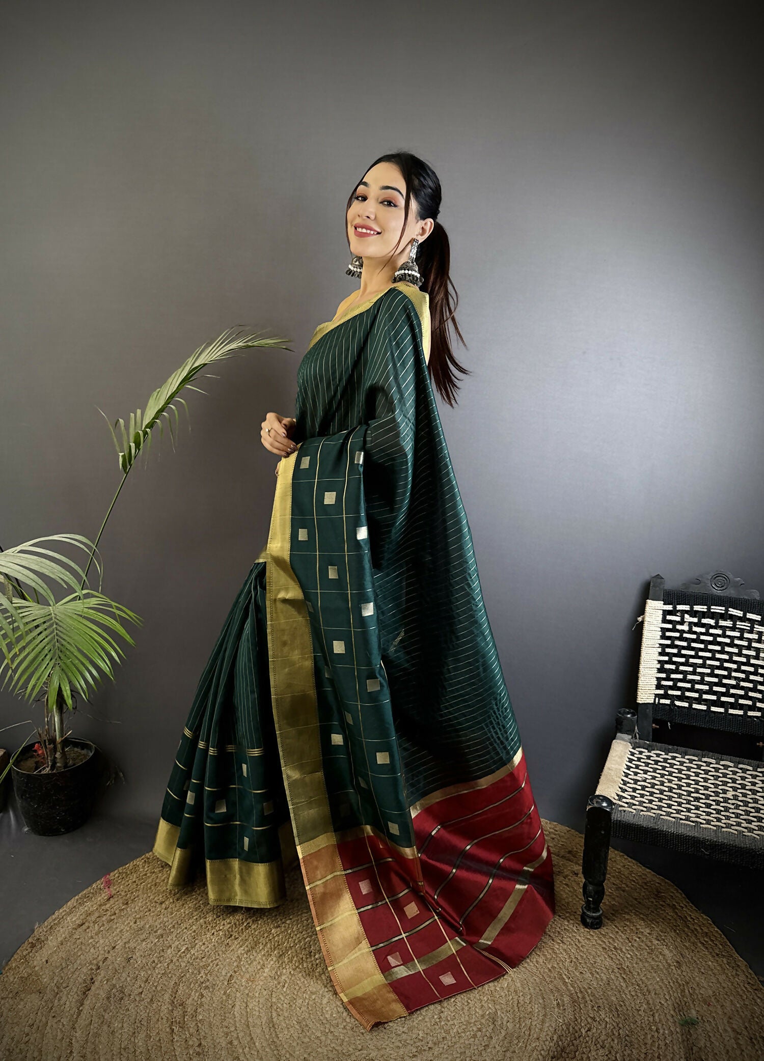 Joban Fashion Teal Bhagalpuri Cotton Silk Stripes/Box Saree