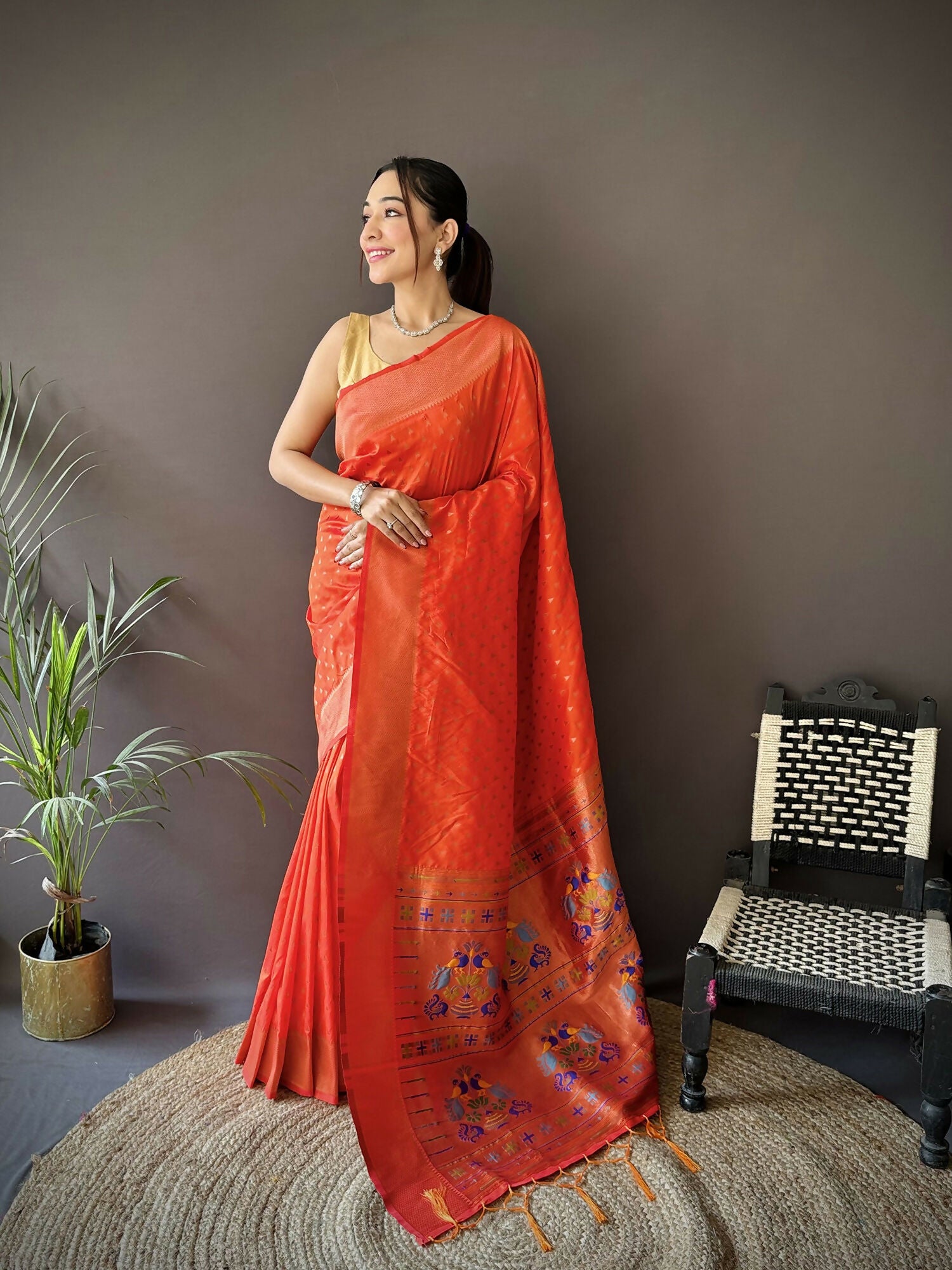 Joban Fashion Orange Jacquard Butti Soft Lichi Silk Paithani Saree
