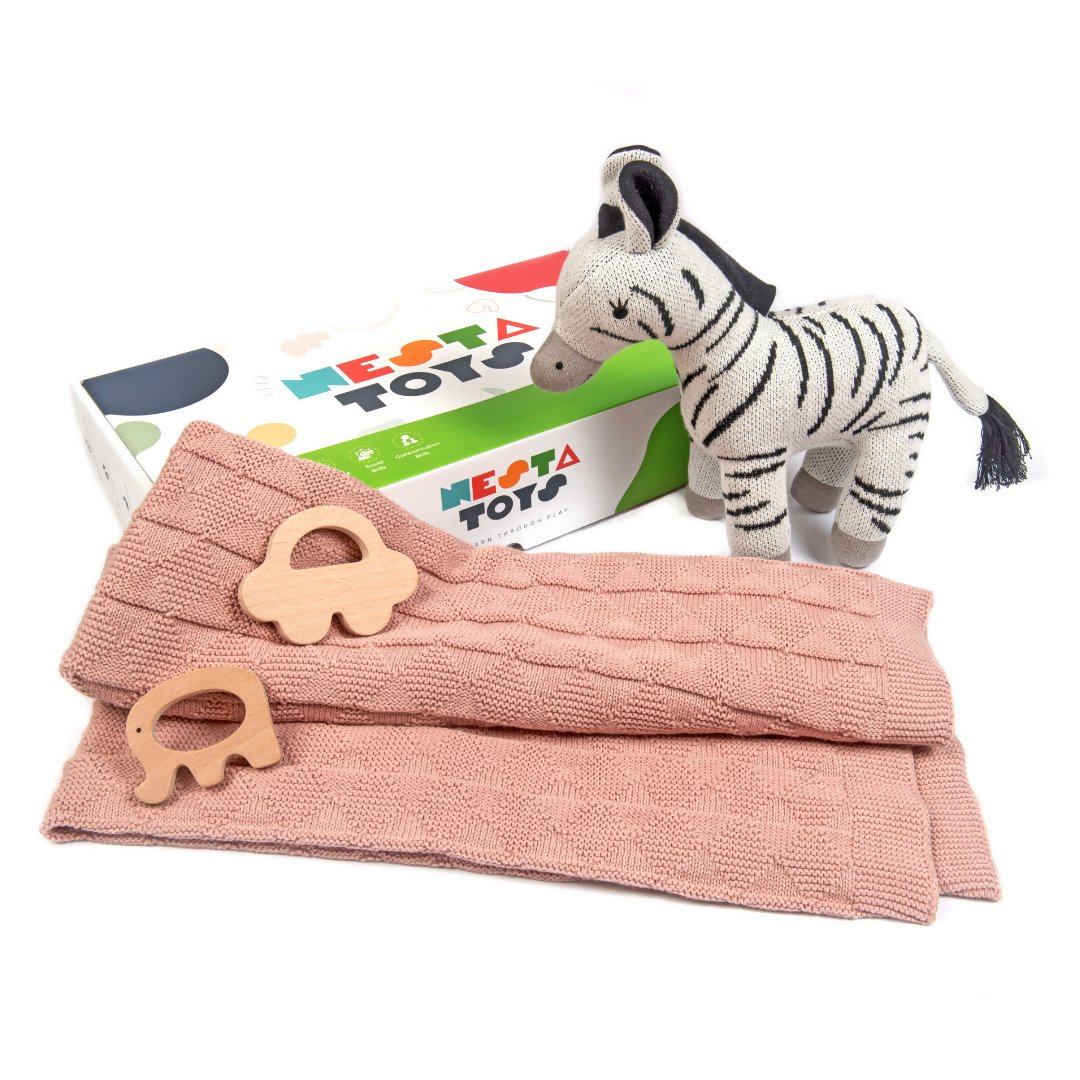 New Born Gift - Blanket, Zebra, Elephant Teether and Car Teether 1