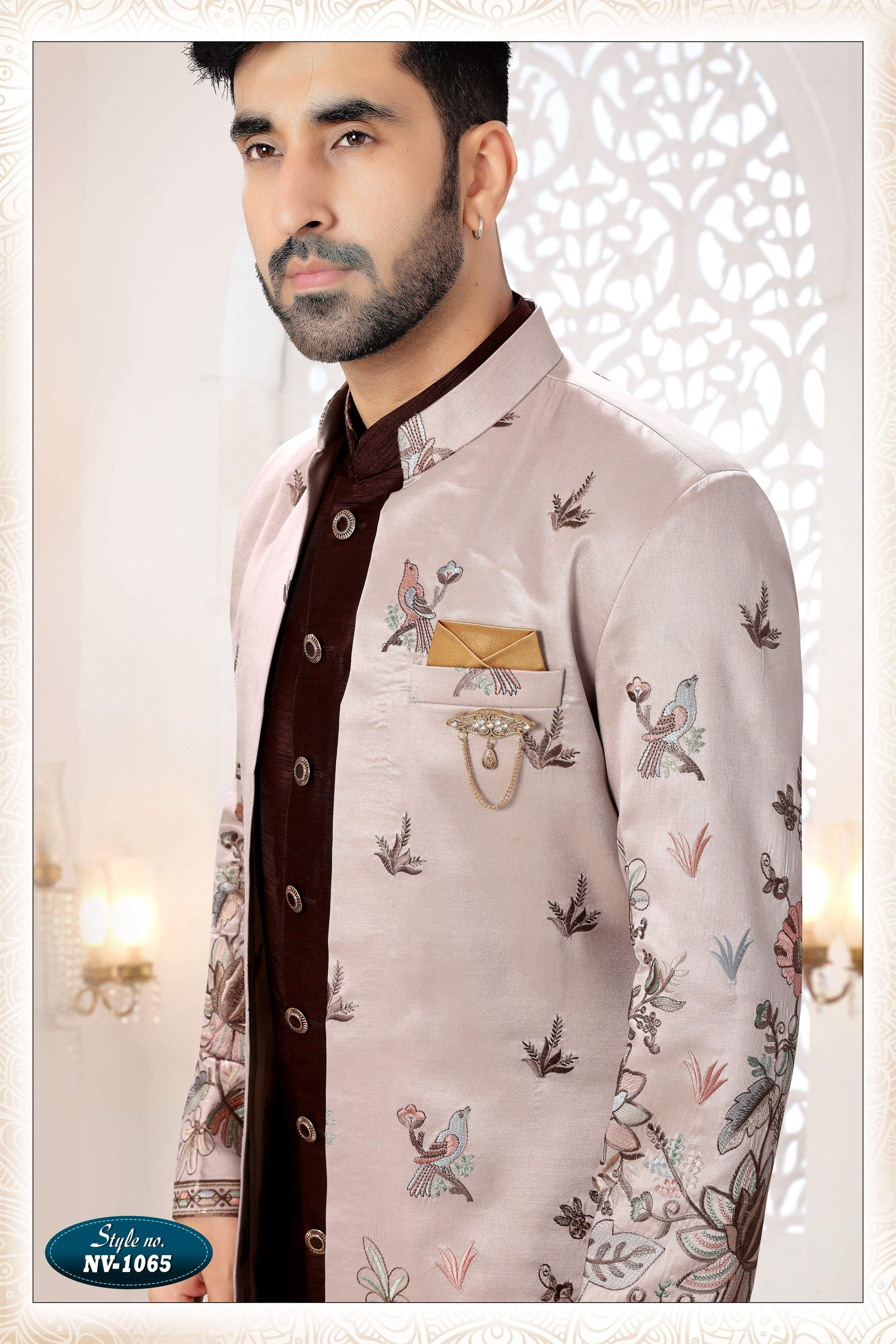 Joban Fashion Men's Skin Brown Straight Silk Thread And Sequence Embroidery All Over 3 Pc Kurta Set - Distacart