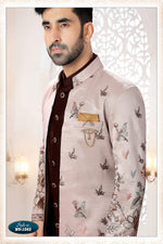Thumbnail for Joban Fashion Men's Skin Brown Straight Silk Thread And Sequence Embroidery All Over 3 Pc Kurta Set - Distacart