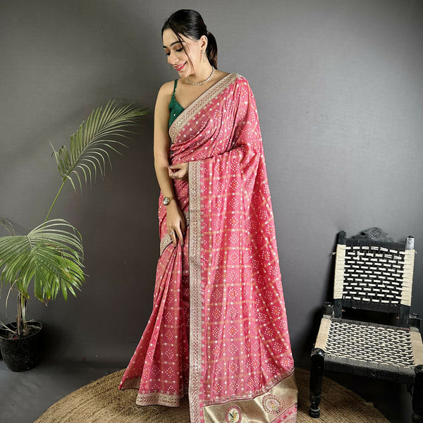 Joban Fashion Dusty Pink Bandhej Bandhani Vichitra Silk Bandhani Prints Saree