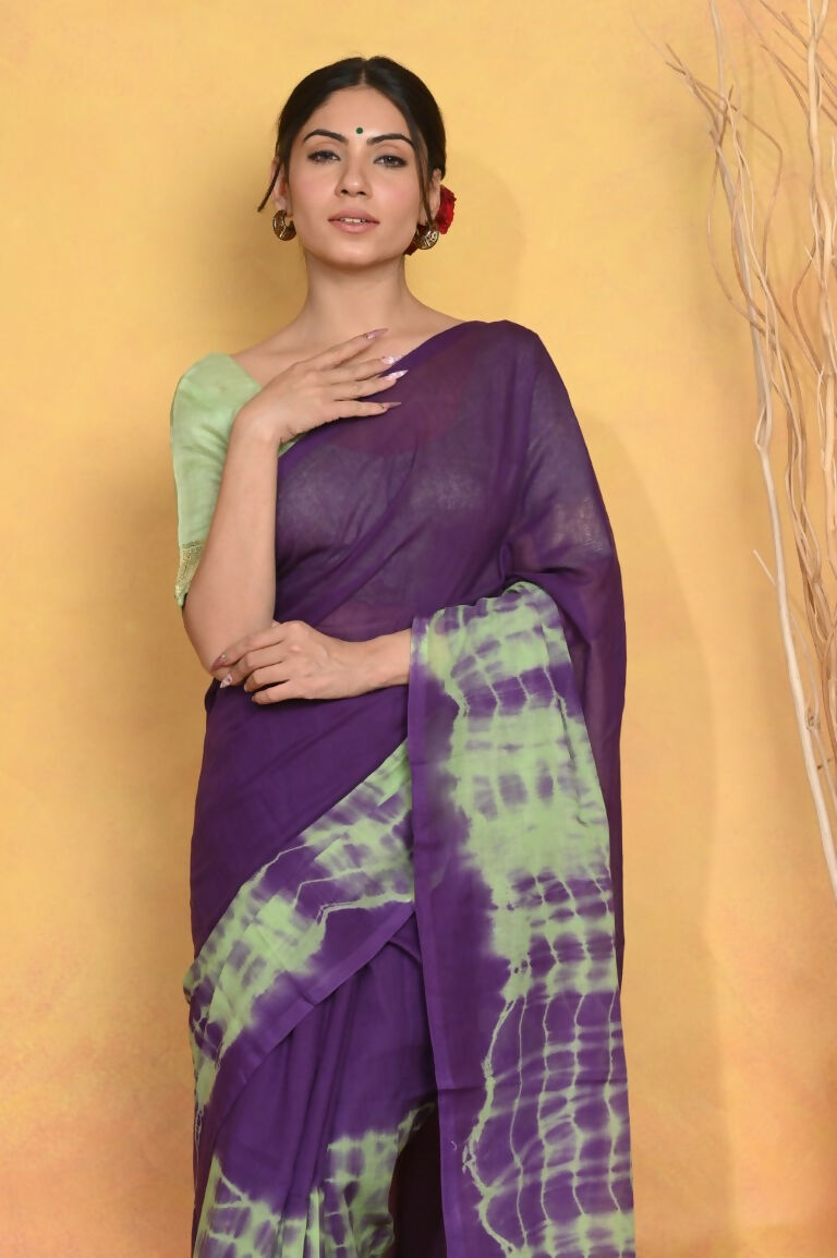 Very Much Indian Tie & Dye Handloom Mul Cotton Saree - Blue Green - Distacart