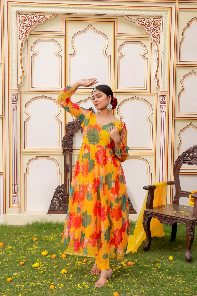 Vaasva Women Mustard Organza Multi Floral Print & Embroidered Anarkali Kurta, Pant & Dupatta set - Distacart