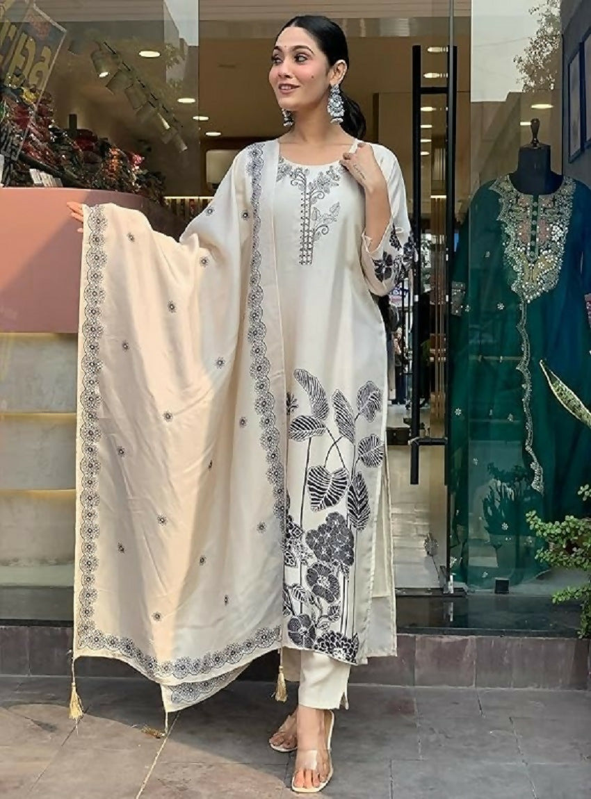 Teeya Creation New Womens Off-White Handloom Silk Embroidered Kurti Pant Set - Dista