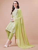 Thumbnail for Mirror Embroidered & Striped Printed Cotton Kurta With Pant & Dupatta Set, Multicolor - Hiral Fashion - Distacart