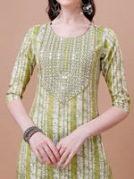 Thumbnail for Mirror Embroidered & Striped Printed Cotton Kurta With Pant & Dupatta Set, Multicolor - Hiral Fashion - Distacart