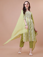 Thumbnail for Mirror Embroidered & Striped Printed Cotton Kurta With Pant & Dupatta Set, Multicolor - Hiral Fashion - Distacart