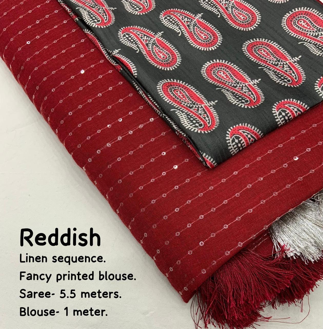 Red Linen Sequence Saree with Unstitched Blouse - Hiral Fashion - Distacart