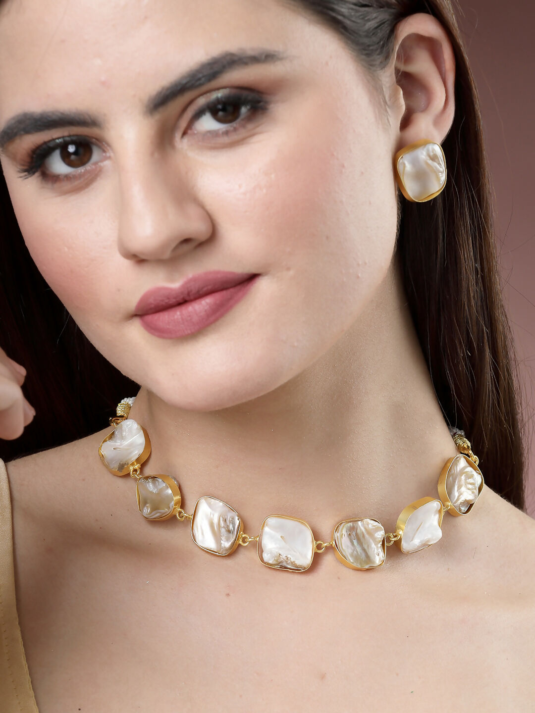 NVR Women's Gold-Plated Mother of Pearl Handcrafted Jewellery Set - Distacart