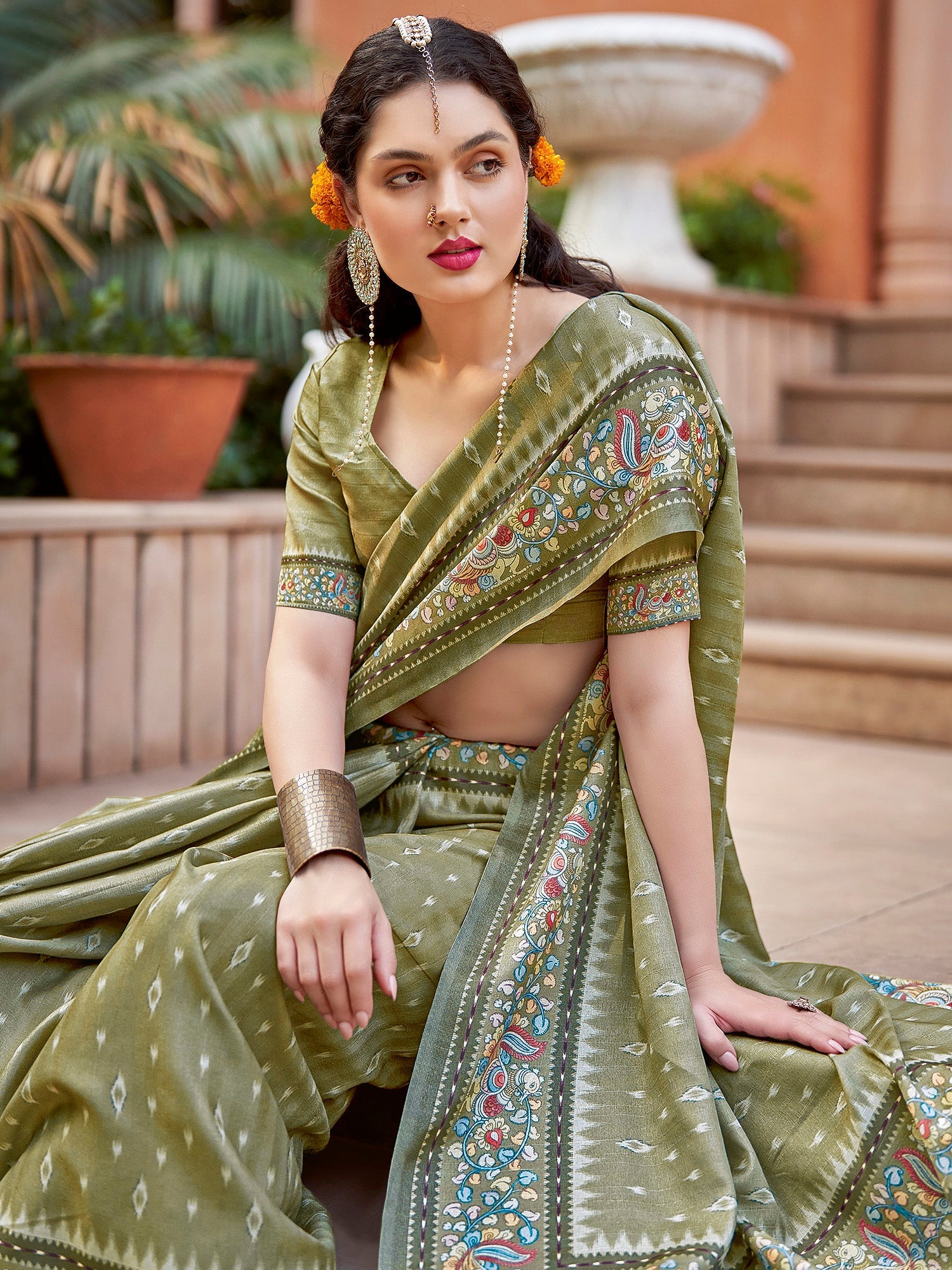 NOZ2TOZ Women's Cotton Blend Olive Printed Designer Saree With Blouse Piece - Distacart