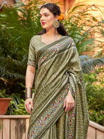Thumbnail for NOZ2TOZ Women's Cotton Blend Olive Printed Designer Saree With Blouse Piece - Distacart