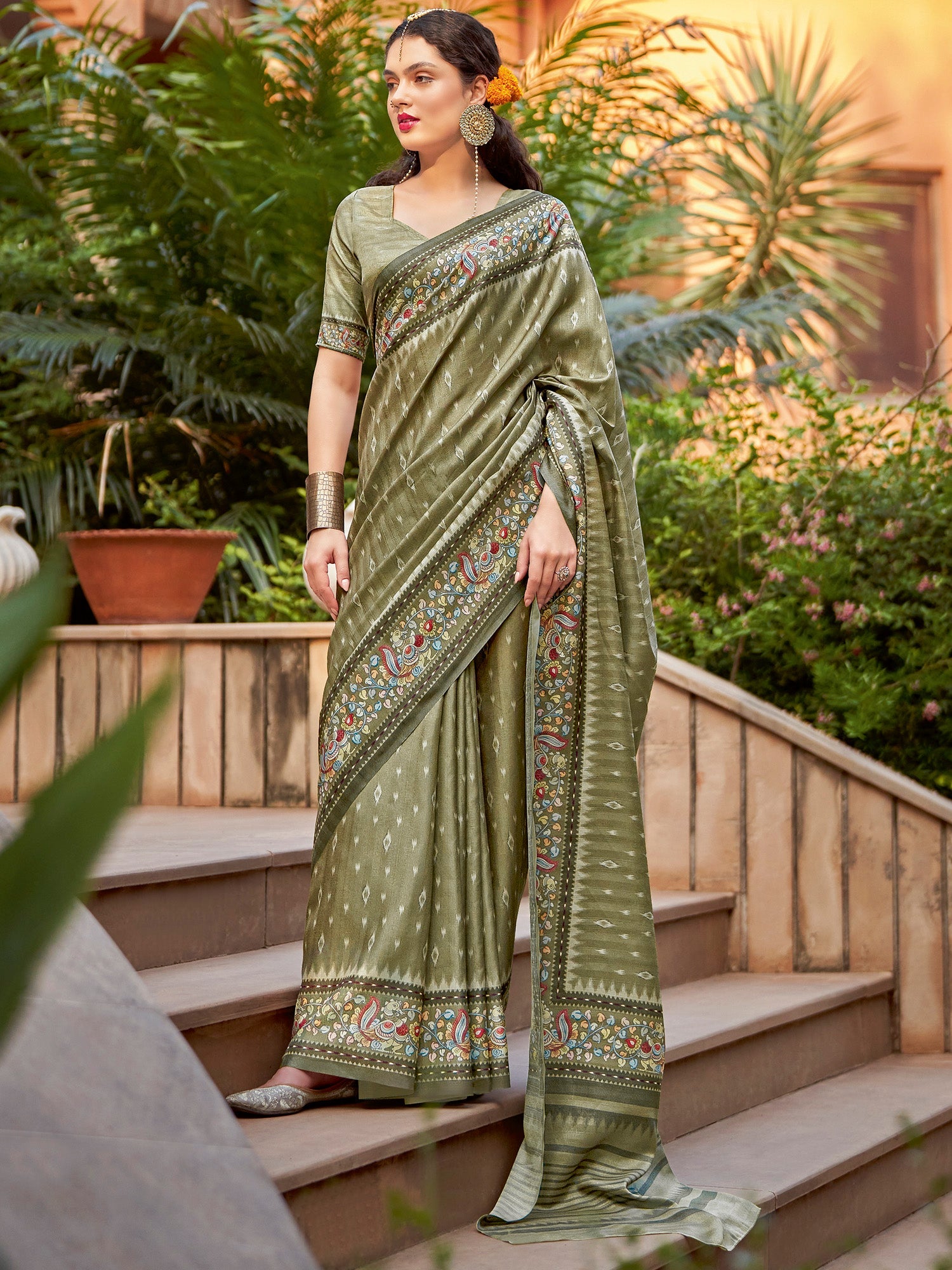 NOZ2TOZ Women's Cotton Blend Olive Printed Designer Saree With Blouse Piece - Distacart