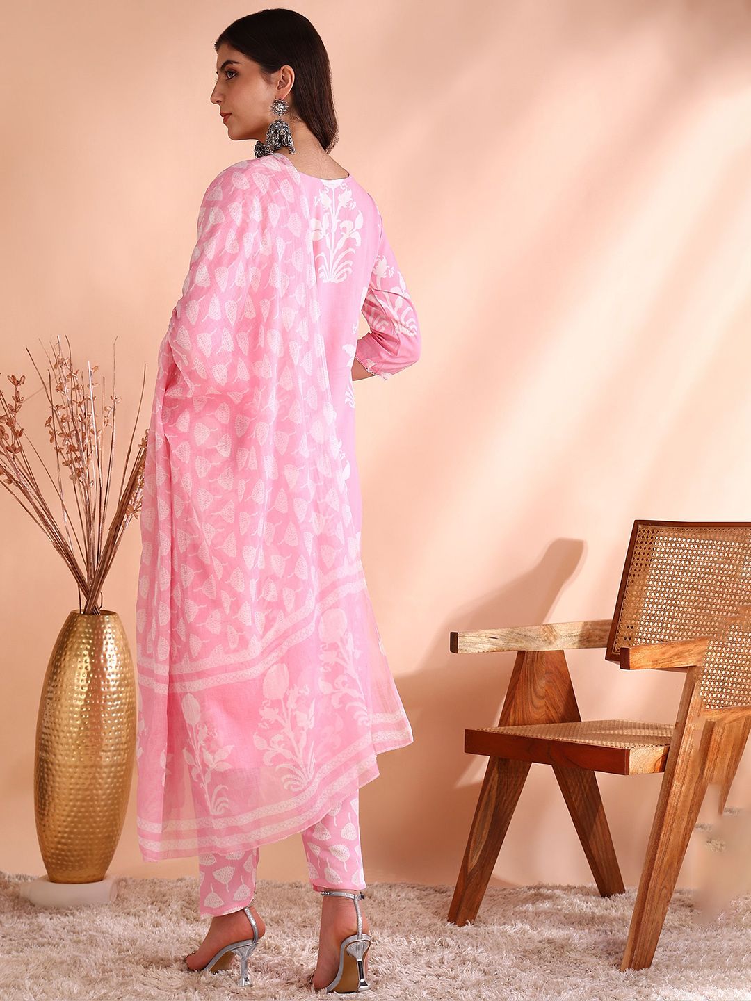 Ode by House of Pataudi Printed Thread Work Pure Cotton Kurta With Trousers & Dupatta - Distacart