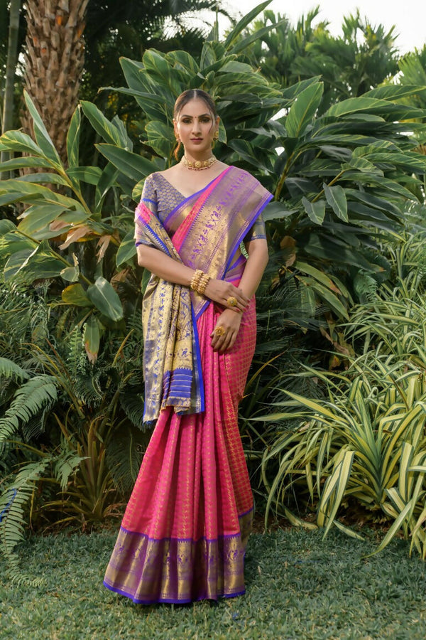 Jyoti Fashion Women's Pink Kanjivaram Silk Zari Woven Saree with Blouse - Distacart
