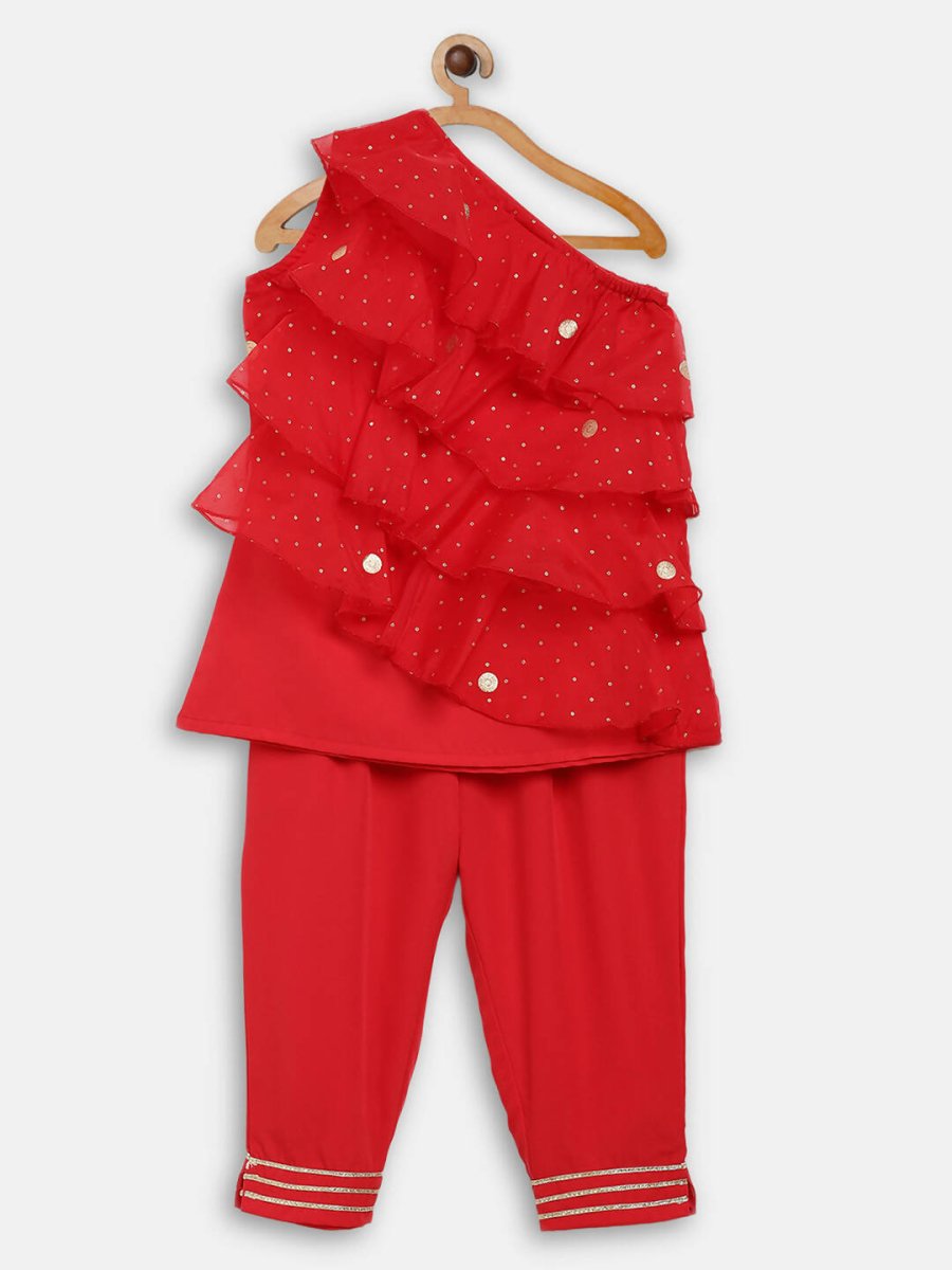 Ahalyaa Red Georgette Ruffel Kids Top With Bottom For Girls - Distacart