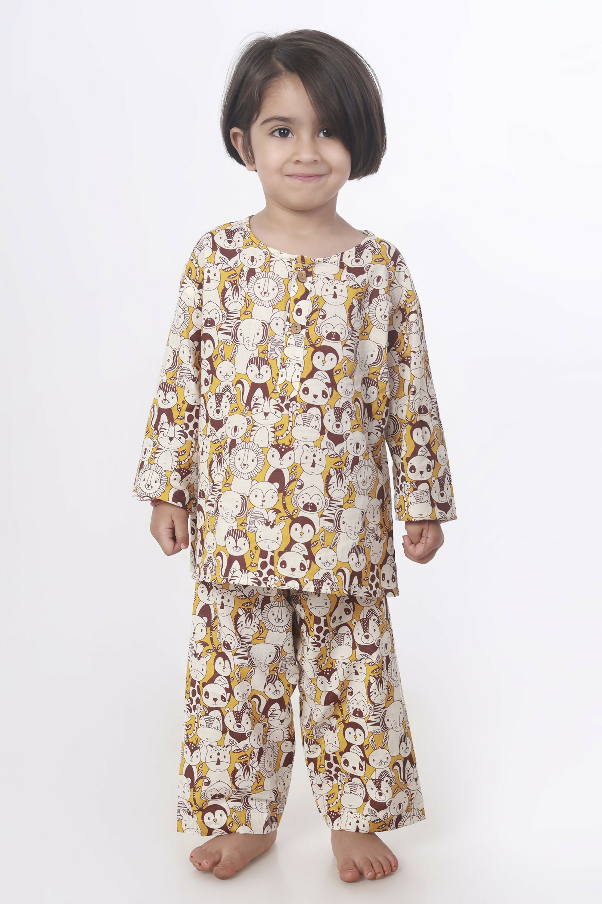 Breathables Sunny Yellow Animal Print Cotton Night Suit For Kids - Dista