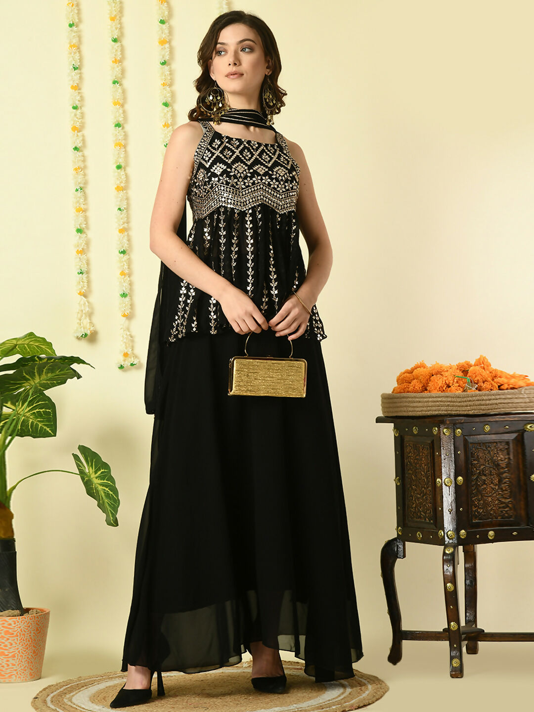 Myshka Women's Black Georgette Top & Skirt With Dupatta Party Sets - Distacart