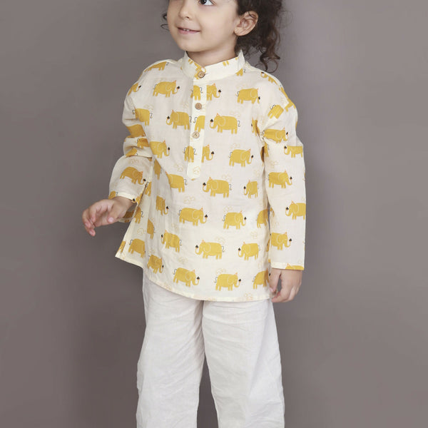 Breathables Kids Cotton Night Suit – Yellow Elephant Print Kurta & Pyjama Co-Ord Set For Boys & Girls - Dista