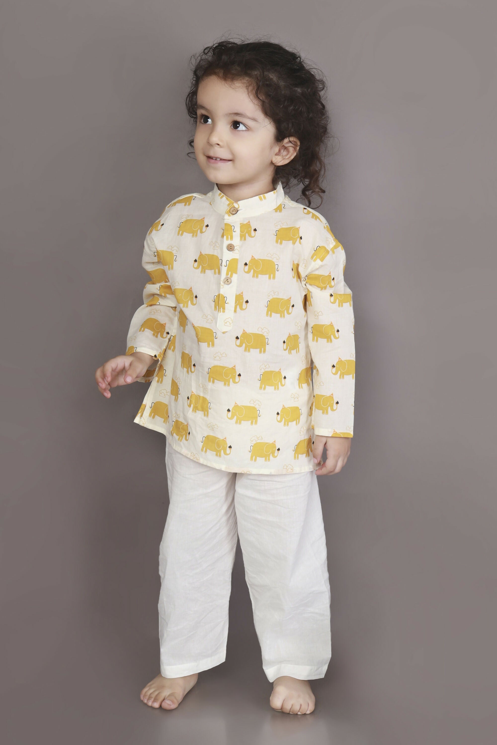 Breathables Kids Cotton Night Suit – Yellow Elephant Print Kurta & Pyjama Co-Ord Set For Boys & Girls - Dista