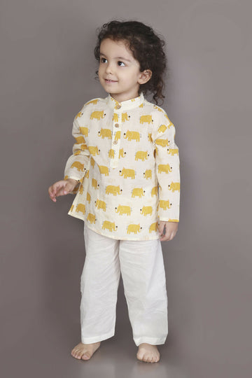 Breathables Kids Cotton Night Suit – Yellow Elephant Print Kurta & Pyjama Co-Ord Set For Boys & Girls - Dista