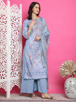 Thumbnail for Jyoti Fashion Women's Grey Satin Traditional Digital Print with Crystal work Kurta with Trouser & Dupatta - Distacart