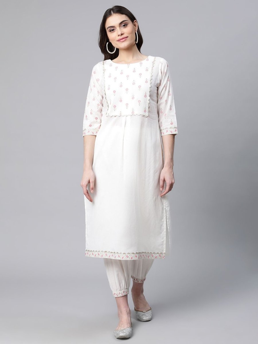 Ahalyaa Women Offwhite Pure Cotton Printed Floral Kurta With Trousers - Distacart
