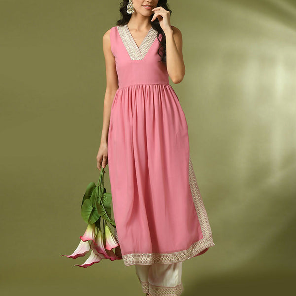 Myshka Women's Pink Solid Georgette Anarkali Party Kurta Set - Distacart