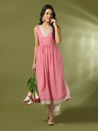 Myshka Women's Pink Solid Georgette Anarkali Party Kurta Set - Distacart