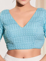 Thumbnail for Joban Fashion Light Blue Crochet Padded Blouse With V Neck Elbow Sleeves - Distacart