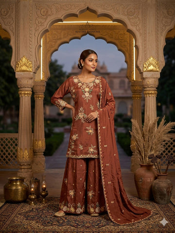 Stylish Designer Stitched Beat Pure Viscose Crepe Embroidery Hand Work Stitched Sharara Suit - Anbazaar - Distacart