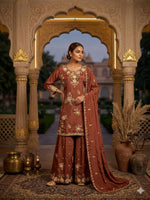 Thumbnail for Stylish Designer Stitched Beat Pure Viscose Crepe Embroidery Hand Work Stitched Sharara Suit - Anbazaar - Distacart