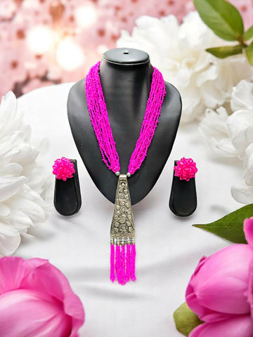 Inhanns Day-To-Dinner Tie Shaped Oxidized Black Metal Multi-Layered Long Necklace Set - Hot Pink - Distacart