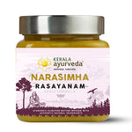 Thumbnail for A jar of Kerala Ayurveda Narasimha Rasayanam, with a label featuring a illustration of a person and trees, indicating it is a herbal supplements product.