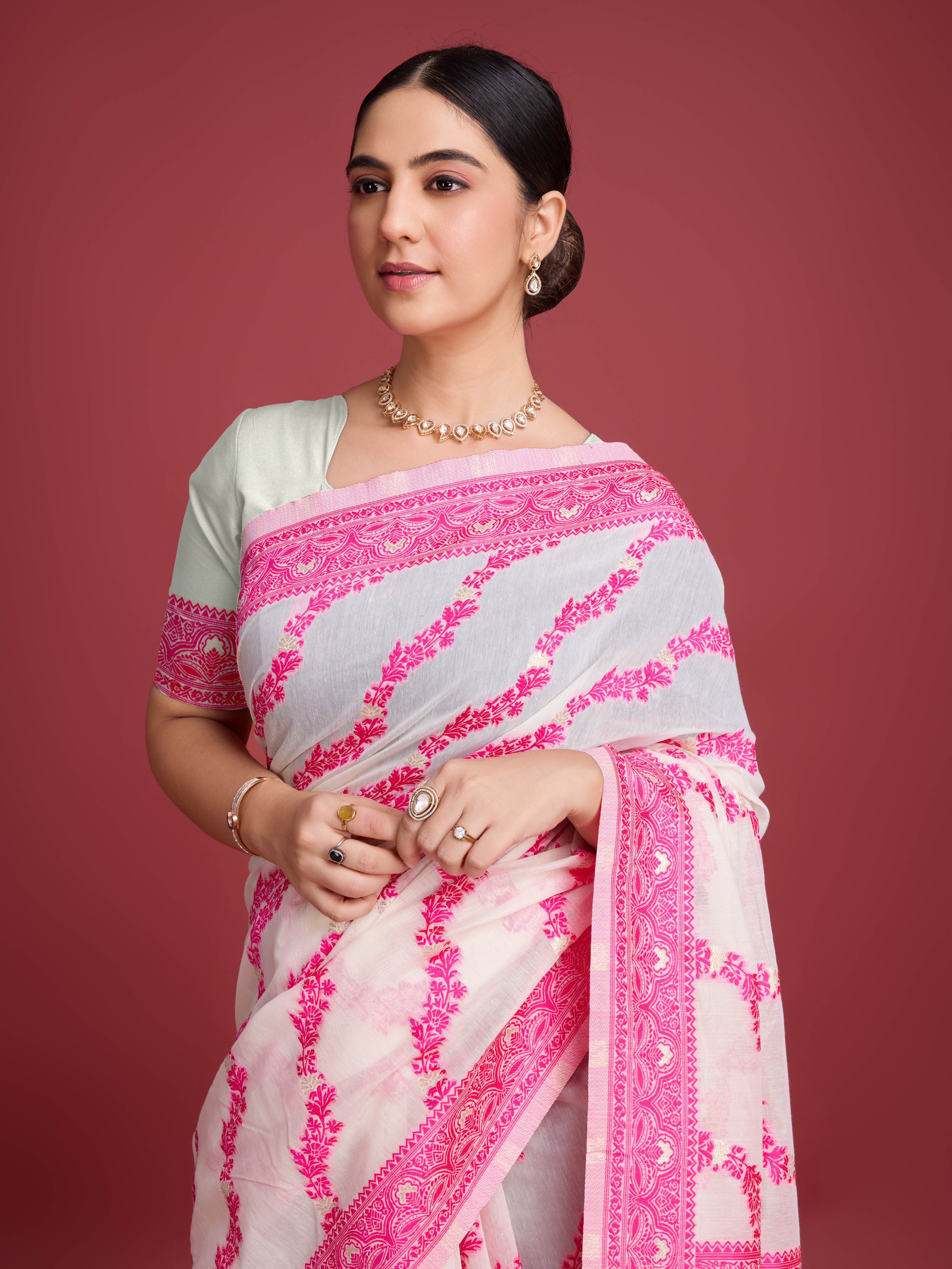 Vedant Vastram Dhakai Jamdani Cotton Saree - Pink - Distacart